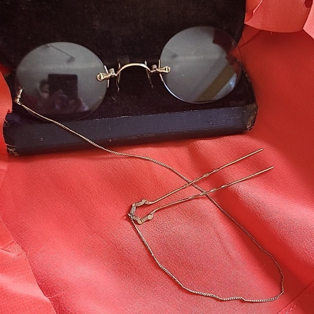 Antique Victorian Ladies Pince~nez Spectacles With Gold Tone Hair Pin & Chain